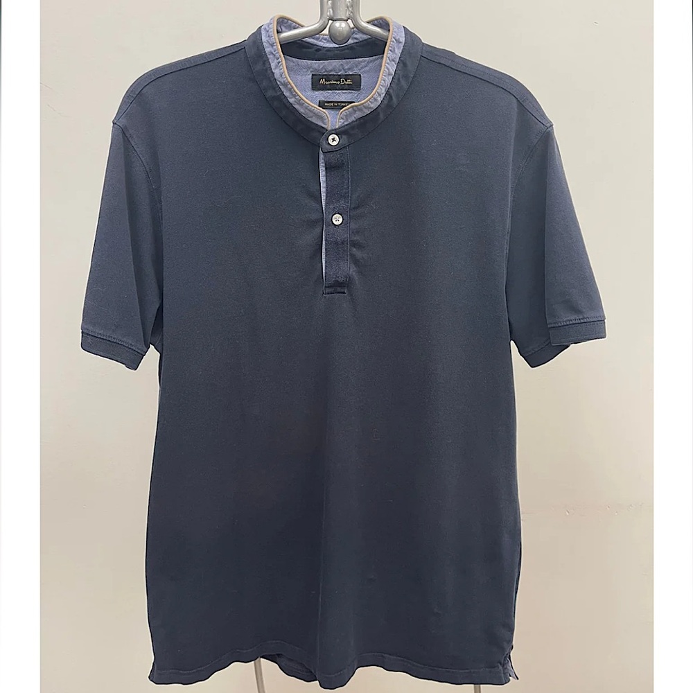 MASSIMO DUTTI Cotton Navy Short Sleeved Pullover Shirt - Picture 2 of 7